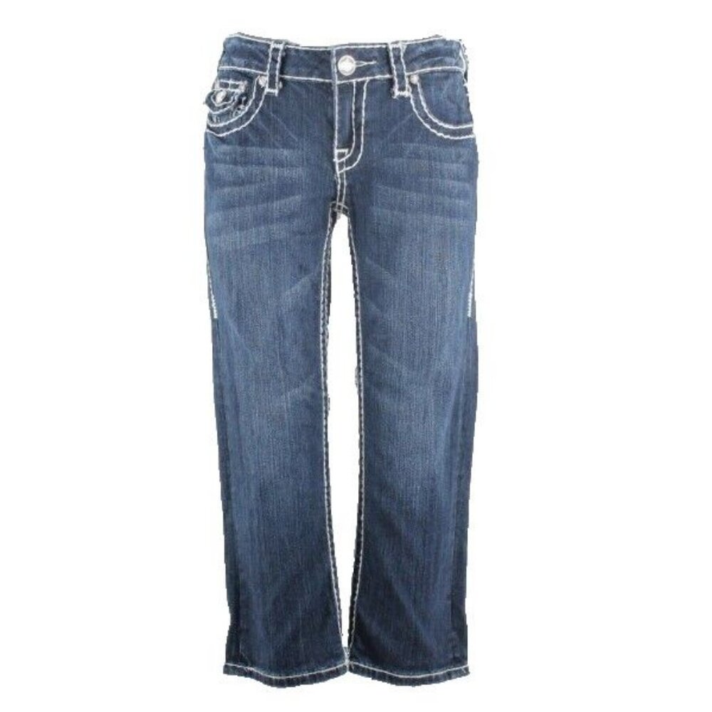 LA Idol Sz 7 X 22 Blue Denim Rhinestone Cotton Blend Capri Jeans